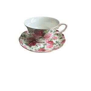 Gracie China by Coastline Imports Rose Tea Cup and Saucer Set  W/Gold Trim